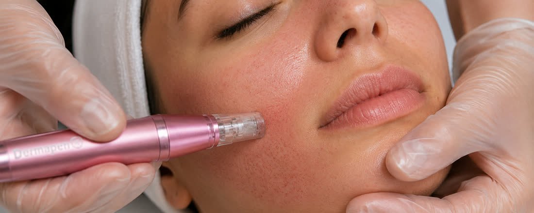 Aplicação de microagulhamento (Dermapen) no rosto da paciente