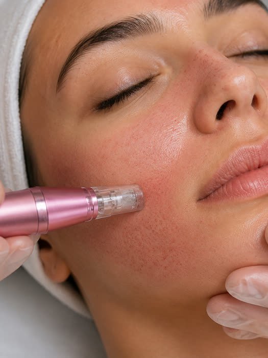Aplicação de microagulhamento (Dermapen) no rosto da paciente