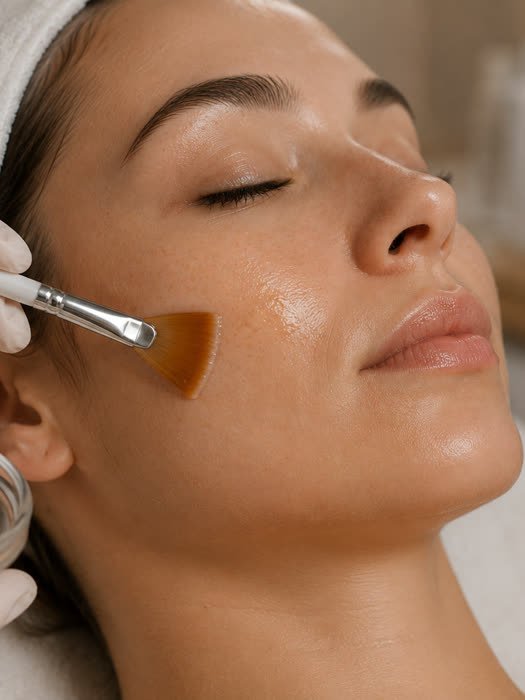 Aplicação de peeling químico no rosto da paciente